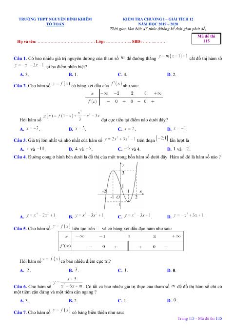 Đề kiểm tra chương 1 Giải tích 12 năm 2019 – 2020 trường Nguyễn Bỉnh Khiêm – Gia Lai (bản Word)